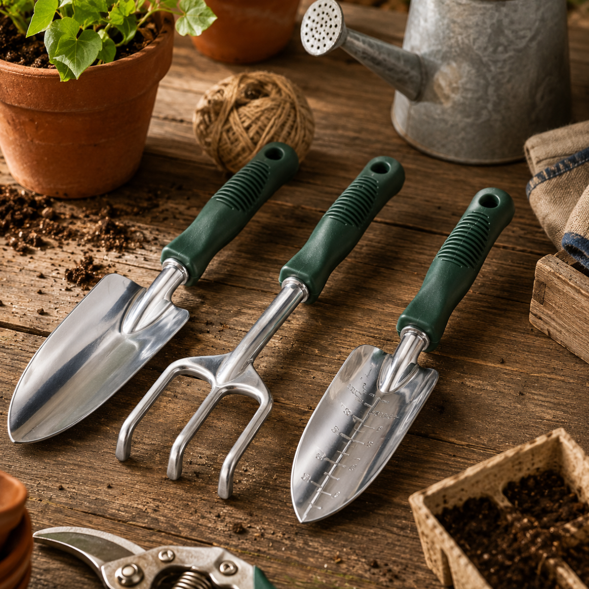 3 Piece 12" Aluminum Garden Hand Tool Set with PVC Handles – Cultivator, Spade & Trowel