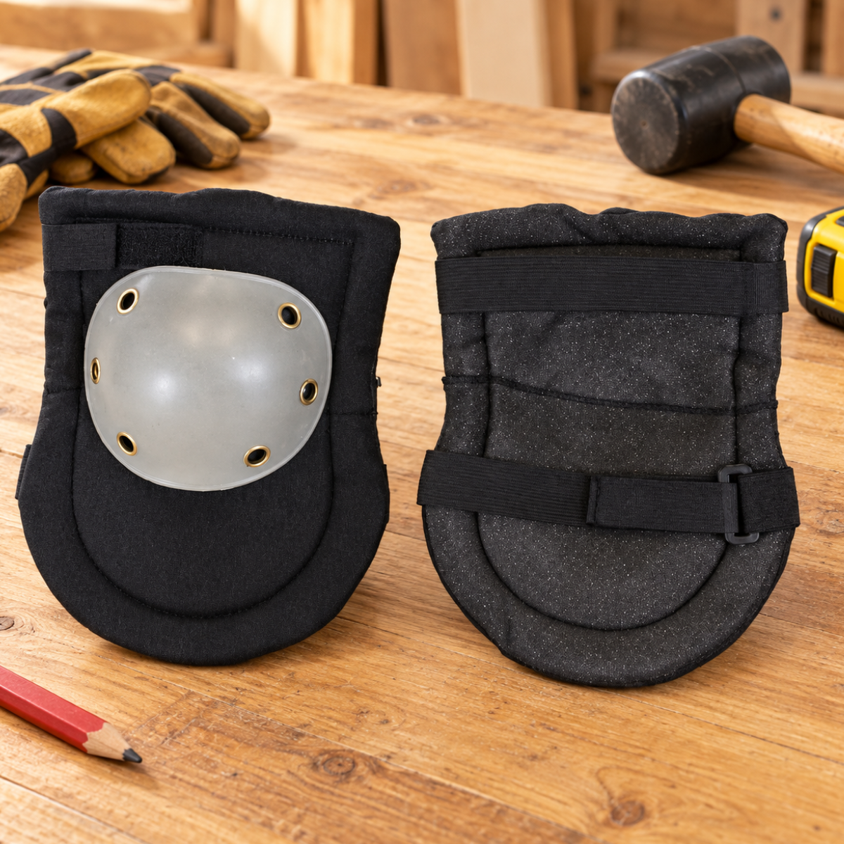 Heavy-Duty Plastic Cap Knee Pads, Padded Pair with Adjustable Straps, One Size, Black and Gray, 10 x 7 Inches – KP5
