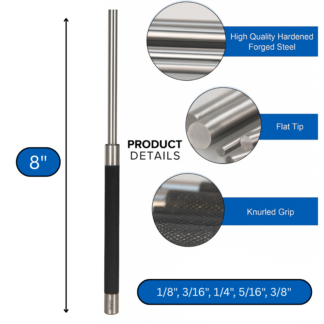 5-Piece Long Drive Pin Punch Set – 8" Carbon Steel Punches (1/8" to 3/8") with Knurled Grip & Black Oxide Finish