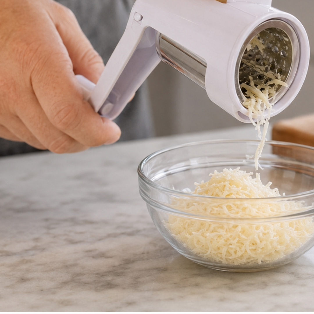 Handheld Manual Rotary Food Grater and Grinder with Stainless Steel Drum, Compact Hand-Crank Cheese and Vegetable Grater for Garlic, Onion and Carrots, 5.5 Inch