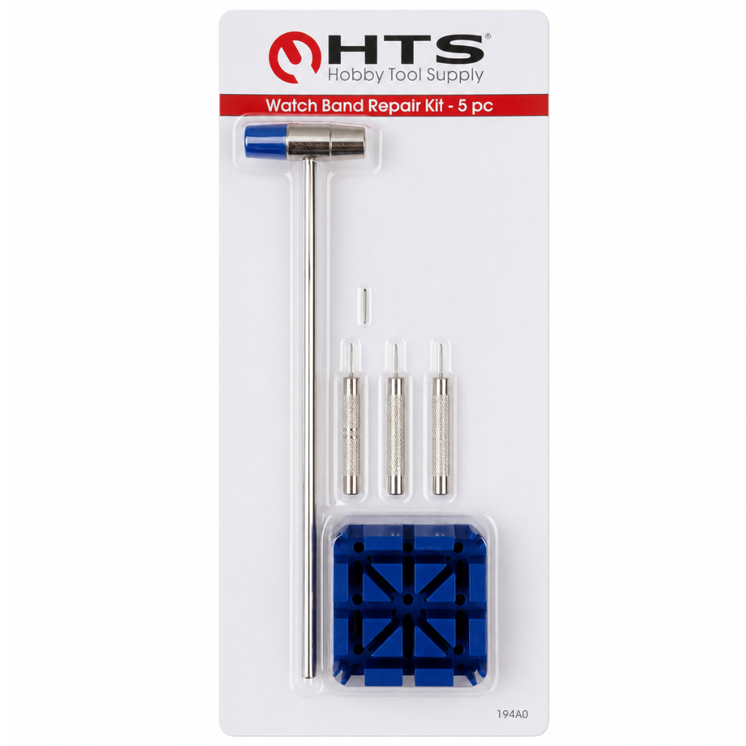 HTS Watch Band Repair Kit - 5 Piece Watch Link Removal Tool Set with Hammer, Pin Punches & Holder Block for Watch Band Adjustment and Bracelet Repair