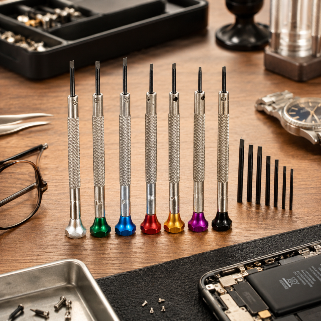 Flat Head Precision Screwdriver Set with Extra Replacement Blades & Vinyl Case – 7 Sizes, Carbon Steel Tips, Color Coded Mini Slotted Screwdrivers for Watches, Eyeglasses, Electronics & Fine Repair