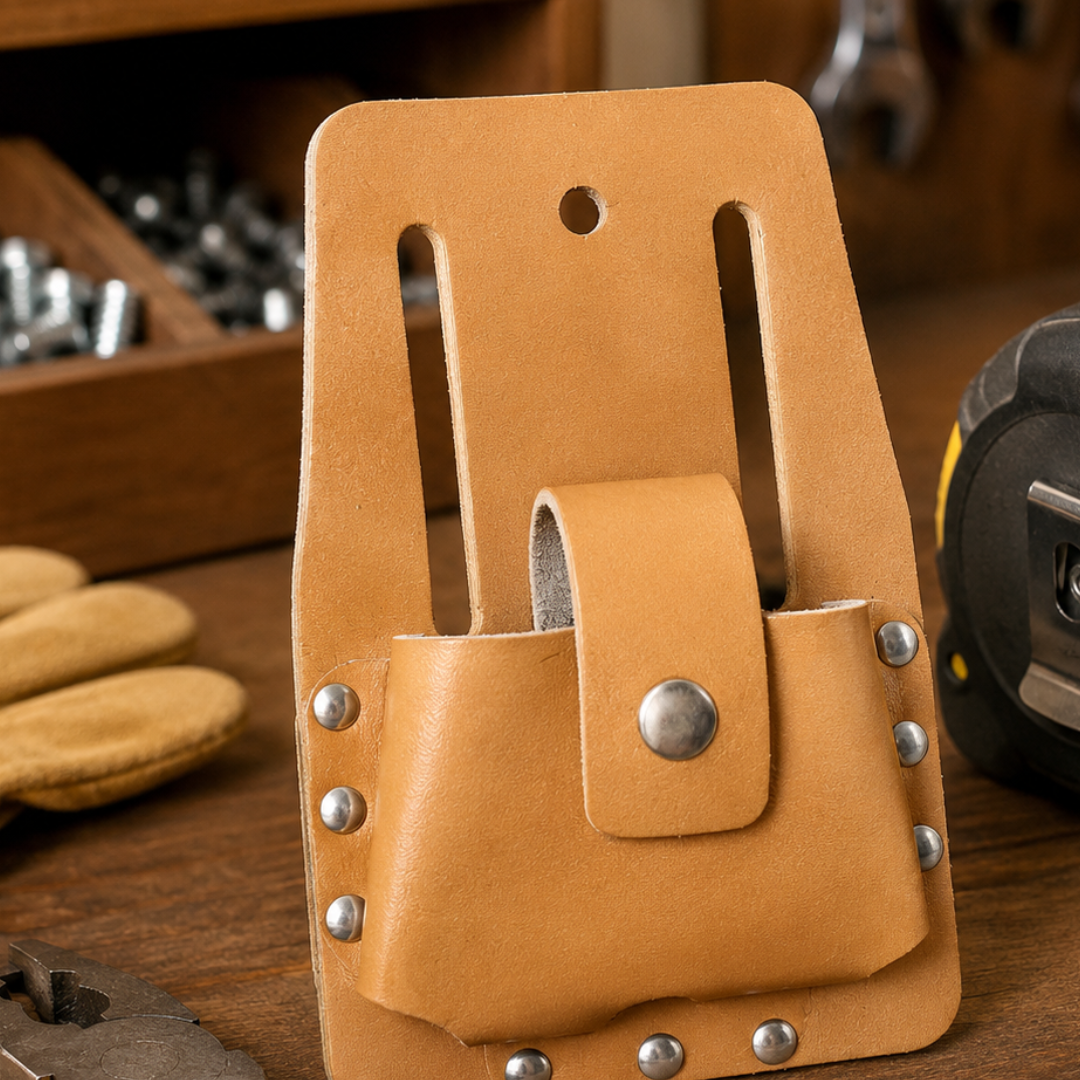 Leather Tape Measure Holder for Tool Belt, 5 x 8 Inch Riveted Measuring Tape Pouch with Snap Closure and Belt Slots, Pack of 2