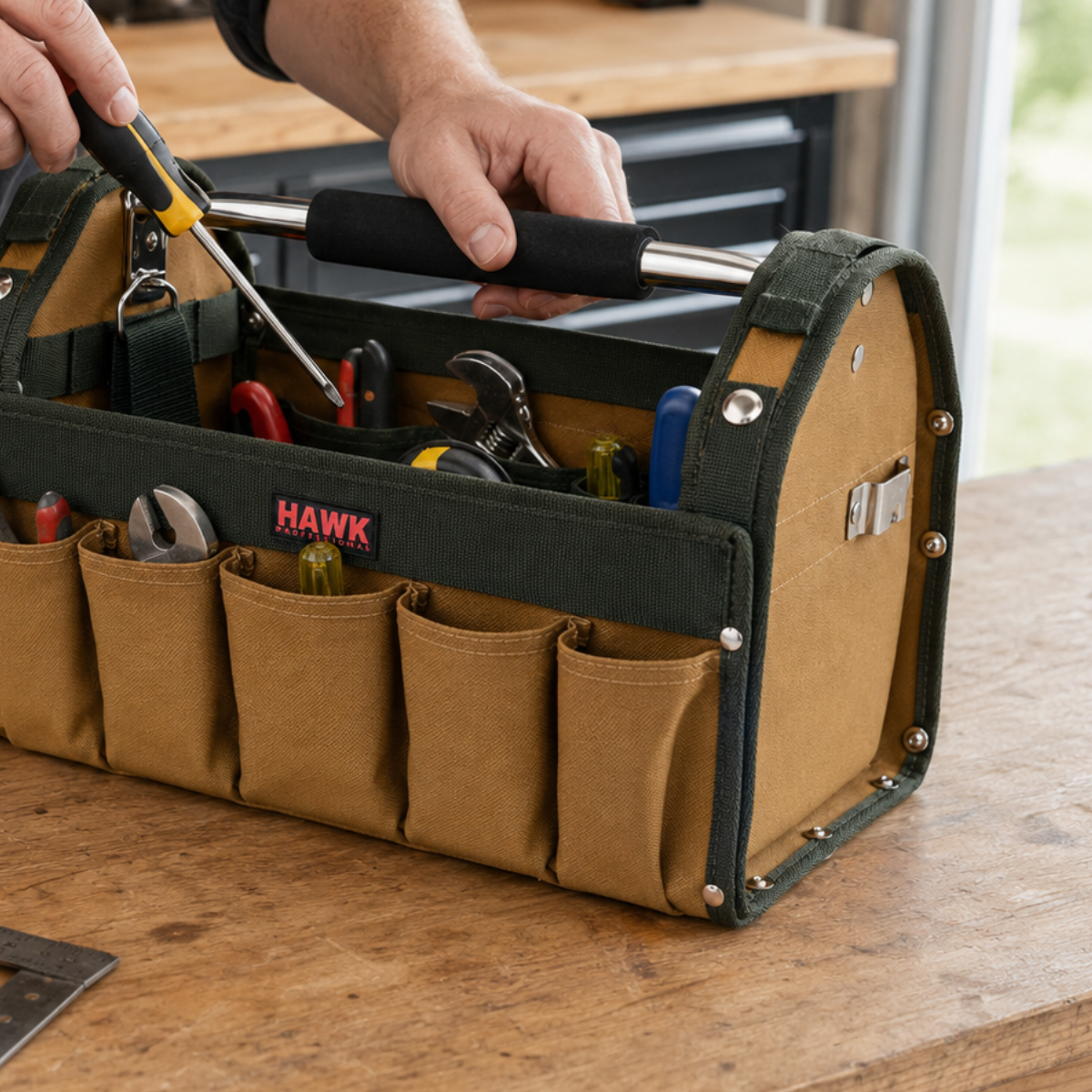 16-Inch Rigid-Side Nylon Tool Bag with Metal Handle, 14 Pockets, 13 Tool Straps, Tape Measure Holder and Shoulder Strap, Tan/Green