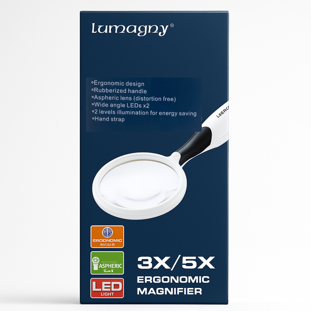 Handheld LED Illuminated Magnifier – 3.5" Aspheric Lens, 3X Large + 5X Small Lens, 2-Way LED Light, Ergonomic Grip – Requires 2 AAA Batteries