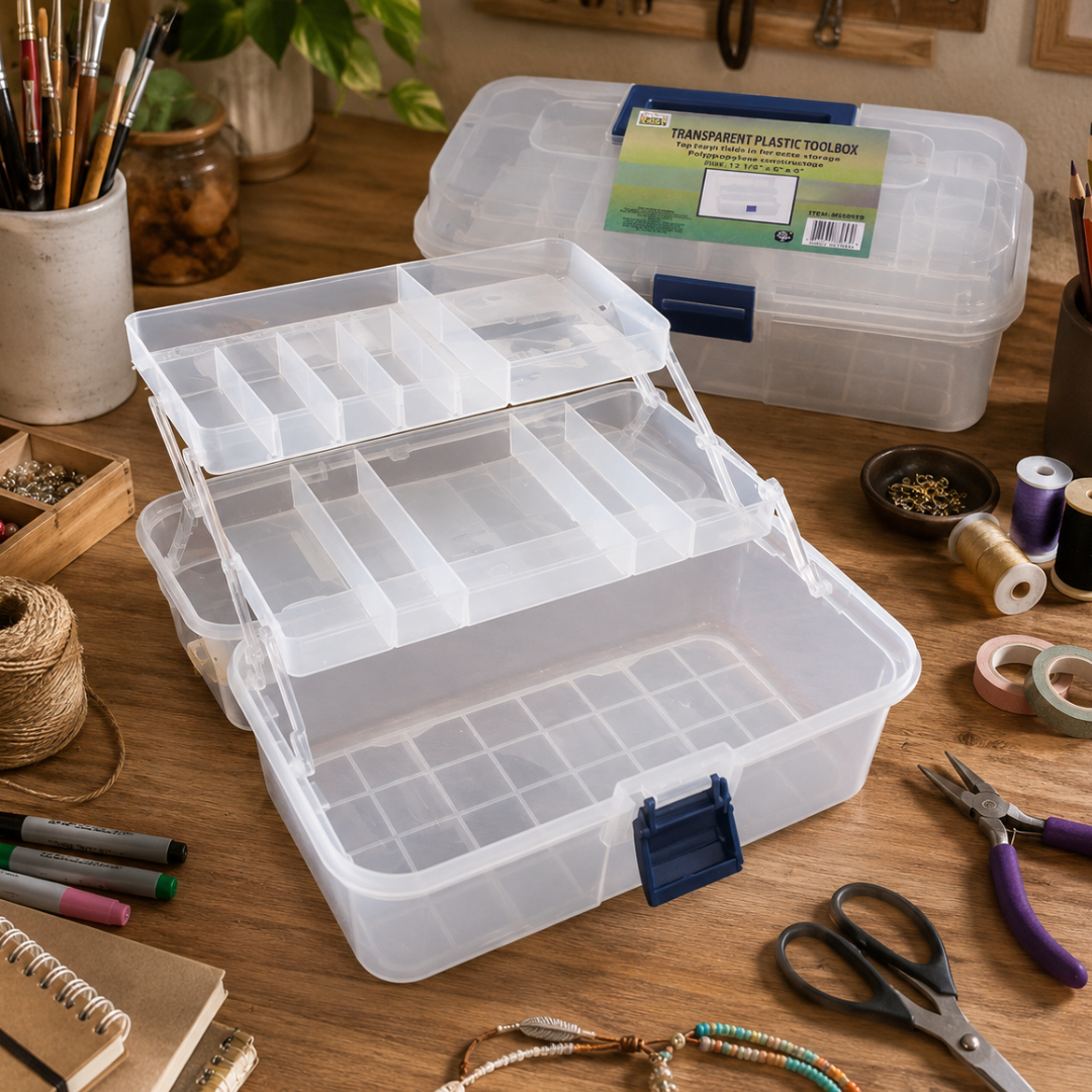 Artist & Craft Storage Box, 3-Tier Clear Plastic Organizer with Lift-Up Trays, Portable Art Supply Case for Paint Brushes, Colored Pencils, Paints, Sewing Supplies & Crafts, 12.5" x 6" x 6"
