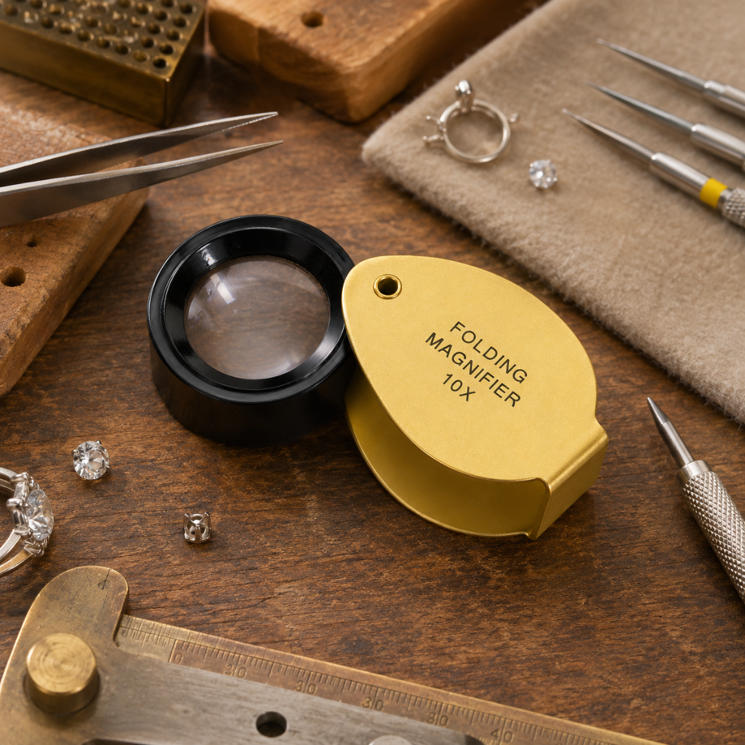 Gold Jeweler’s Loupe Magnifier 10X, Pocket Folding Magnifying Glass with 15mm Lens, Brass-Color Housing, Black Framed Lens for Jewelry, Coins, Stamps, Gems, Hobby Inspection, Pack of 2