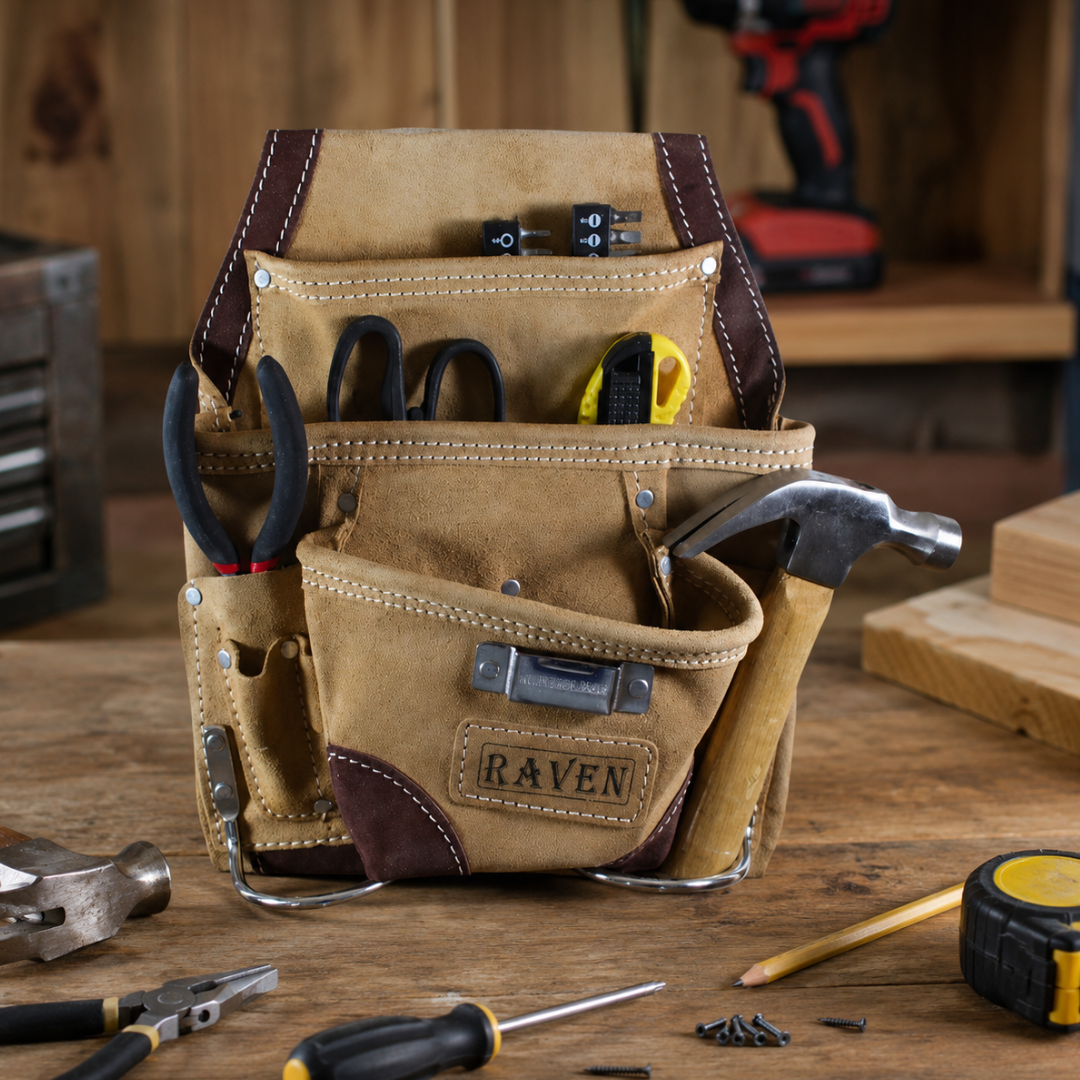 13 x 9.5 Inch Brown Split Leather Tool Pouch with 9 Pockets, Heavy Duty Tool Belt Pouch with 2 Metal Hammer Holders, Riveted Belt Loop, Construction Carpenter Roofer Mechanic Utility Pouch