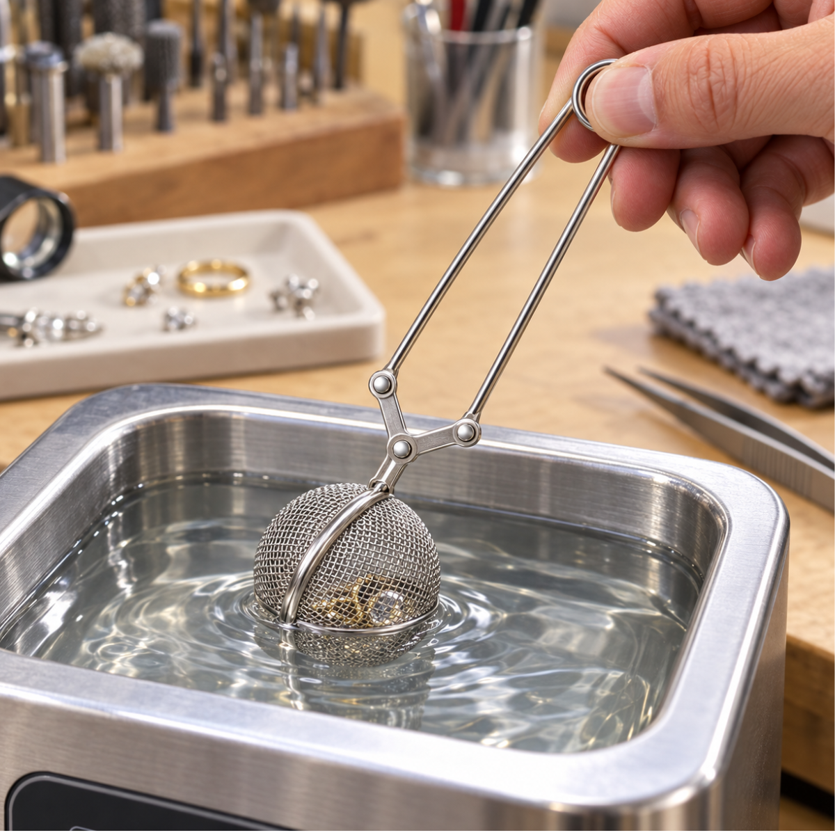 Stainless Steel Ultrasonic Cleaning Mesh Basket, 1½-Inch Diameter, 6-Inch Overall Length, Spring-Loaded Handle for Small Parts