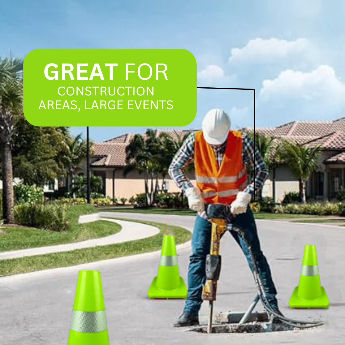 12 Inch Neon Green Safety Cone With  2 Inch White Fluorescent Strip  - ST12-G