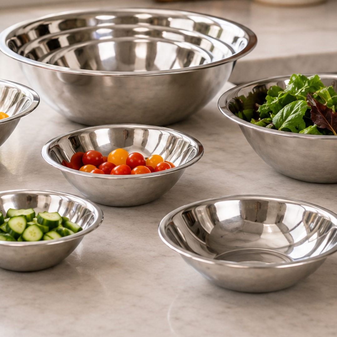 5 Piece Stainless Steel Mixing Bowl Set – Nesting Kitchen Prep, Mixing & Serving Bowls – 5.5", 7", 8.5", 10" & 11.75" Diameters – Space-Saving Stackable Design