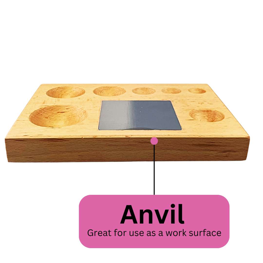 Wooden Dapping Block with 3" Steel Anvil Insert – 7 Half-Round Grooves (¾" to 2") for Metal Forming, Jewelry Making, and Craft Work