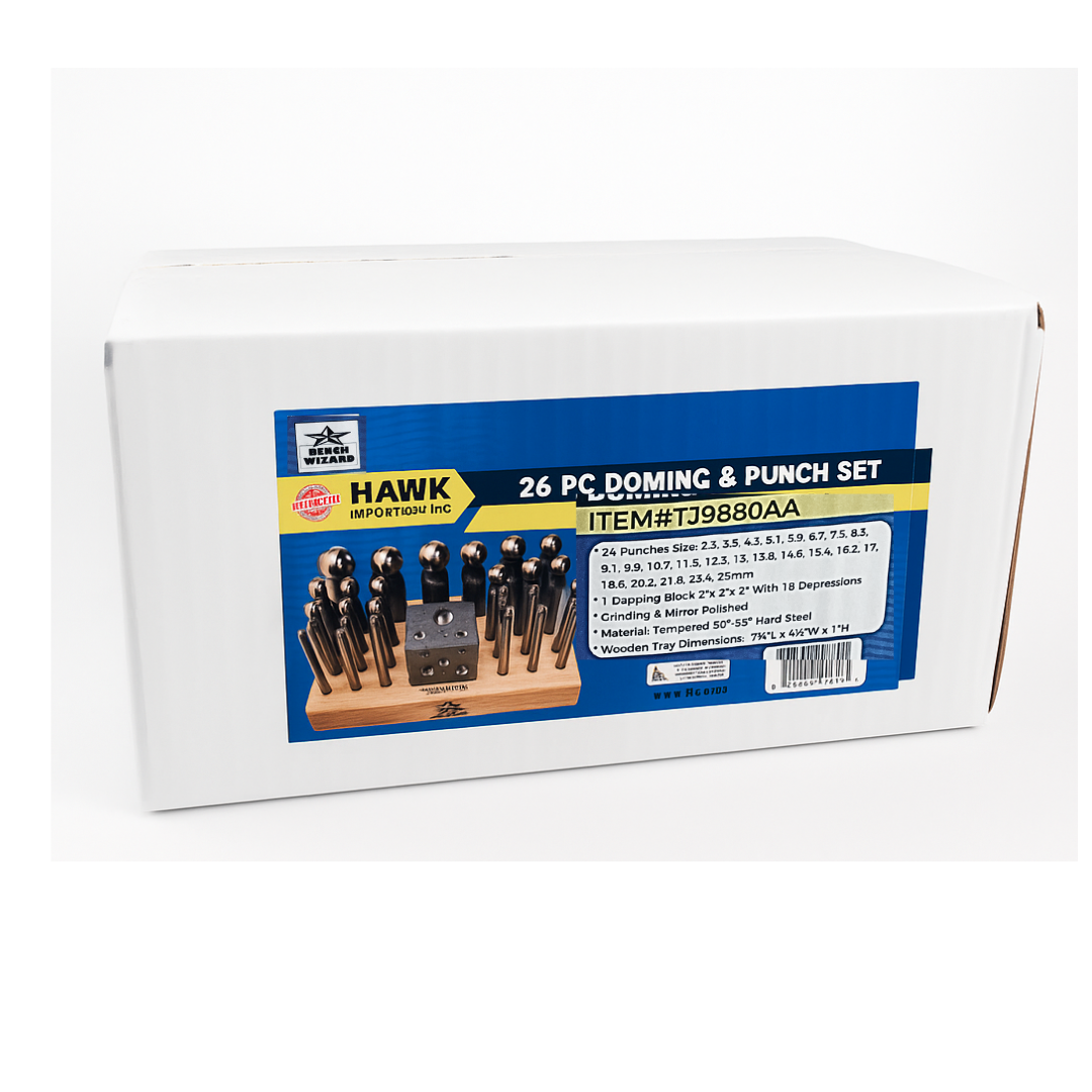 Doming & Punch Set with 24 Steel Punches (2.3–25mm), 2" Doming Block & Wooden Organizer Tray – Metal Forming & Jewelry Making Tool Kit – Professional Quality – TJ01-29881