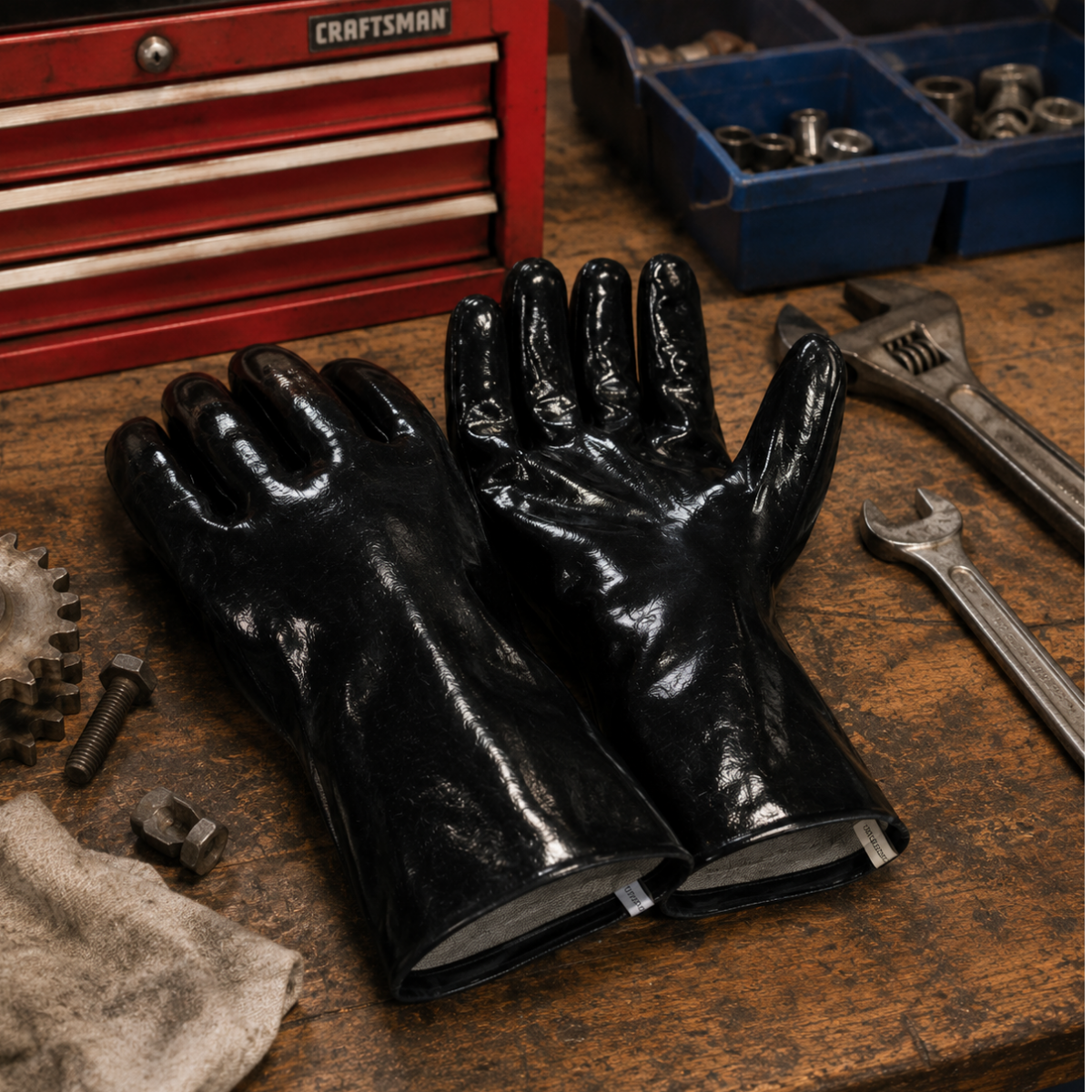 Men's Black PVC Industrial Work Gloves, 12 Inch Gauntlet Cuff, Interlock Lined, Large - 12 Pairs - 9012-Z12
