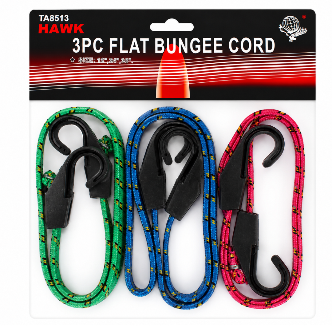 3 Piece Flat Bungee Cord Set with Nylon Hooks, 12", 24", 36" Tie Down Straps, 1" Wide Flat Bungee Cords for Transport, Cargo, Storage, Camping, Pack of 2