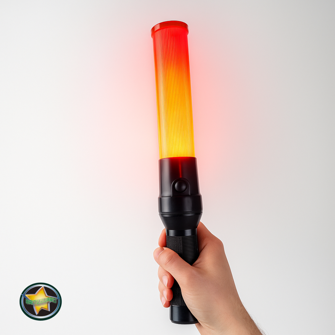 High Visibility Safety Traffic Baton – 14" Orange LED Wand with Flashing & Steady Modes, Black Handle, Carry Strap – For Road Work, Parking Lots & Traffic Contro