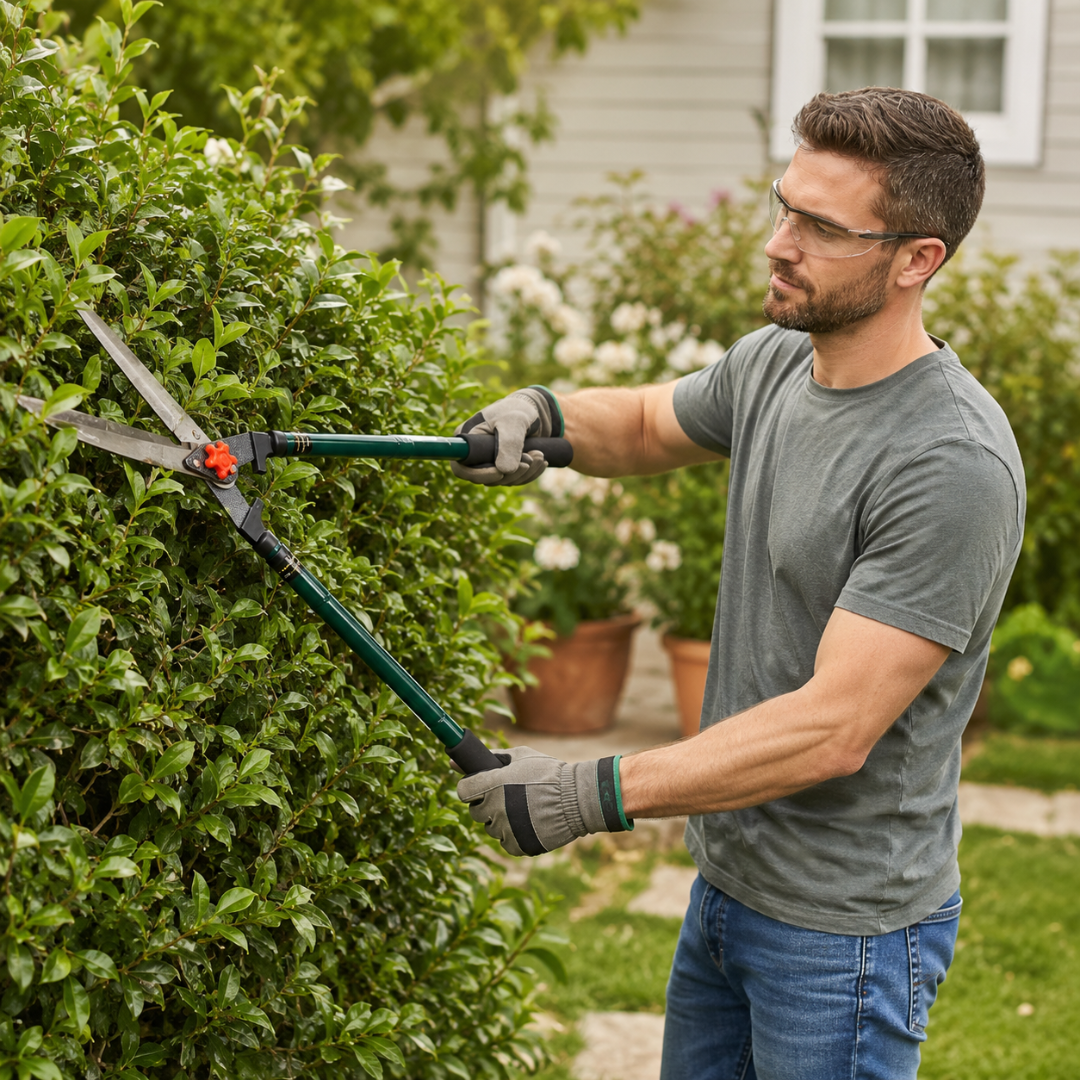 Telescopic Hedge Shears with Extendable Green Handles, Steel Blades, Adjustable Tension Knob, Comfort Foam Grips, Manual Hedge Clippers for Shrubs, Bushes, Hedges & Garden Trimming