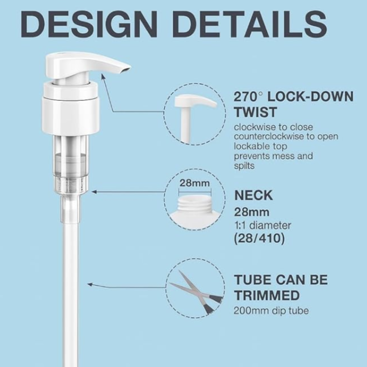 Soap Dispenser Pump Replacement Heads – 28/410 Locking Pump, White, Trim-to-Fit Dip Tube, Pack of 5