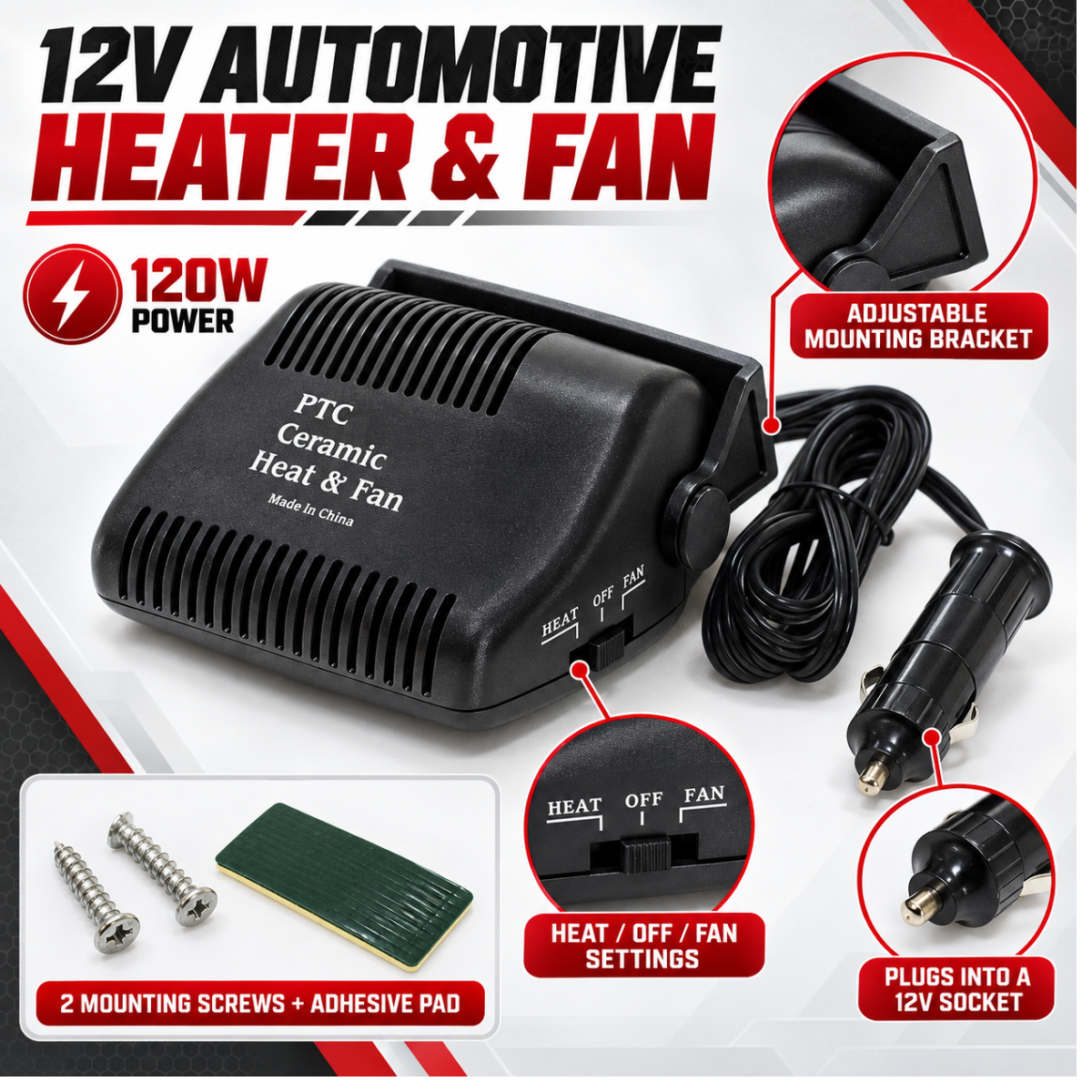 Road Genie 12V Car Heater & Fan, 120W Portable Automotive Windshield Defroster with Heat/Fan Settings, Adjustable Mounting Bracket and Cigarette-Lighter Plug, 6 x 5 x 2 Inches