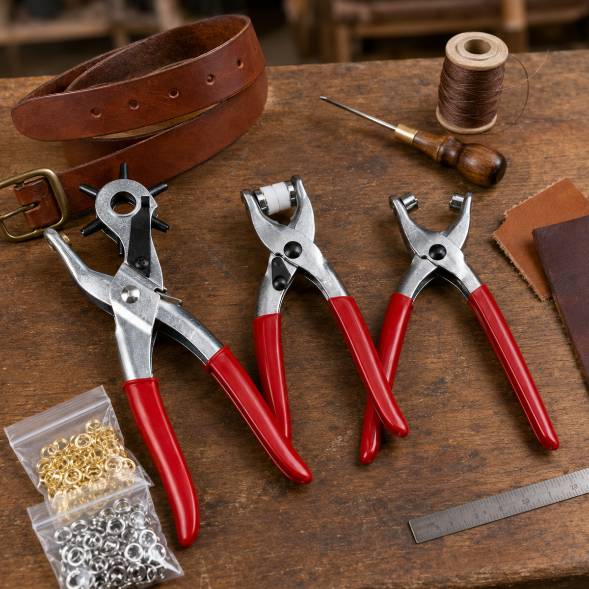 128-Piece Leather Hole Punch and Fastener Set – 6-Size Revolving Punch, Eyelet Pliers, Snap Pliers, 100 Eyelets and 25 Snap Sets – Vinyl-Coated Handles for Belts, Shoes, Bags and Crafts