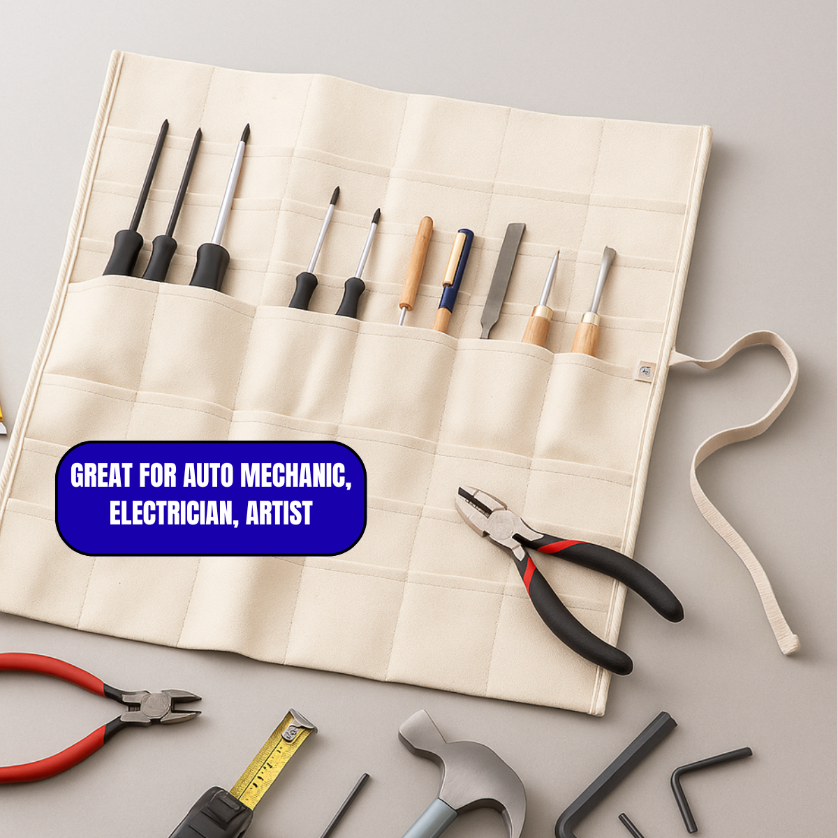 Canvas Roll Up Tool Bag – 18” x 18” – 48-Pocket Organizer for Paint Brushes, Pens, Tweezers & Craft Tools – 9-Tier Multi-Pocket Design, Durable 10 oz Cotton Canvas, Natural Color