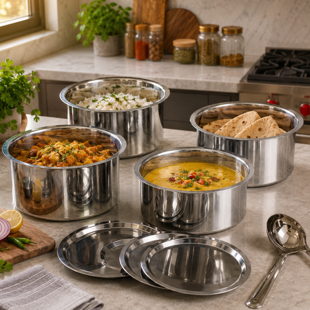 8 Piece Stainless Steel Cooking Pot Set with Lids, 4 Heavy Duty 26 Gauge Pots & 4 Mirror Finish 22 Gauge Lids, Stackable Cookware & Serving Trays, UCT-FT4-1922