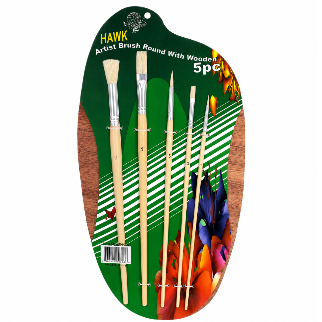 Professional Long-Handle Artist Paint Brush Set with 16 x 8 Inch Wooden Palette, 5-Piece Assorted Brushes for Acrylic, Oil and Watercolor Painting, Sizes 1, 3, 5, 9 and 11 – TZ63-00646
