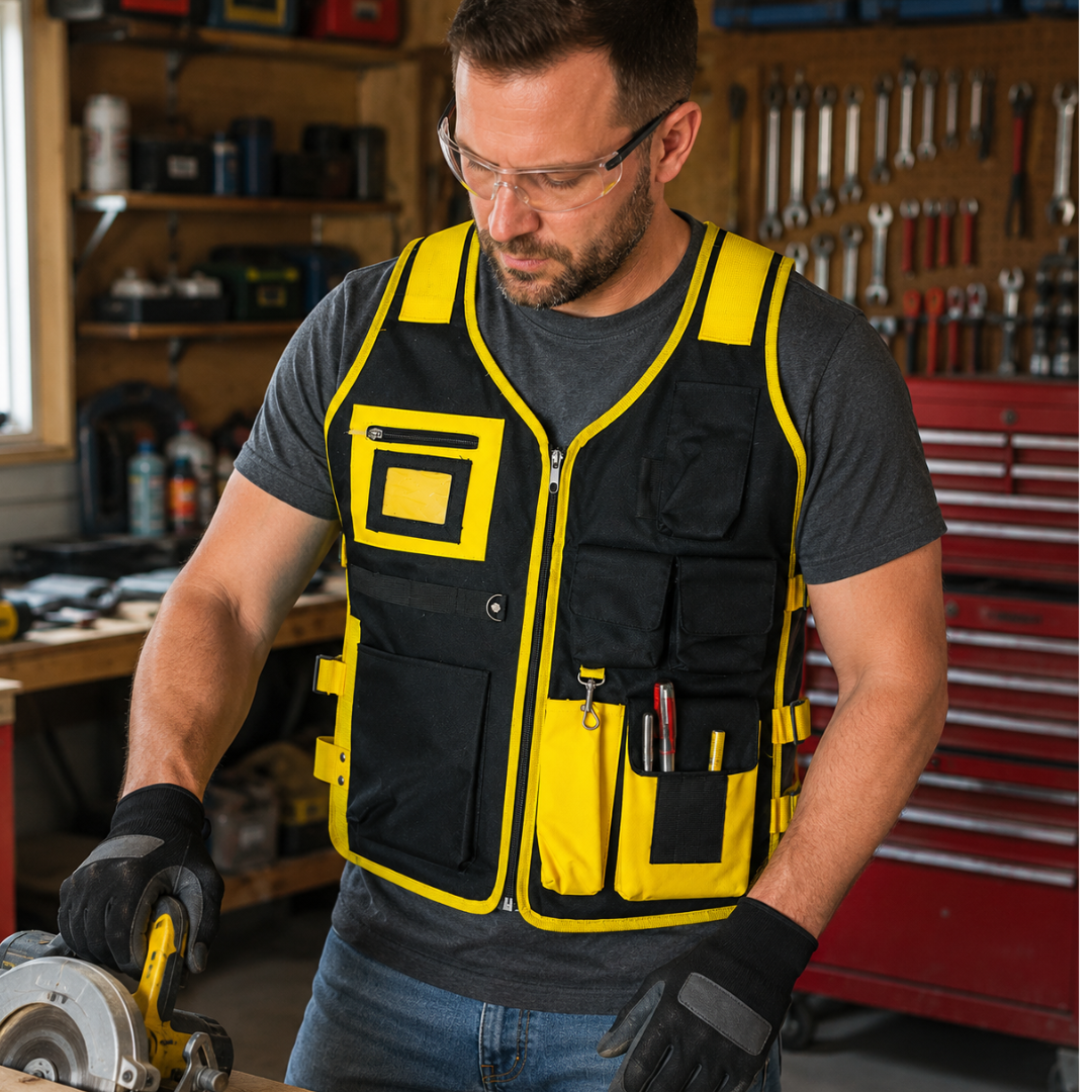 6 Pocket Tool Vest, Heavy Duty Nylon Work Vest with Adjustable Straps, Multi-Pocket Tool Organizer for Construction, DIY, Repair & Workshop Use, Black & Yellow