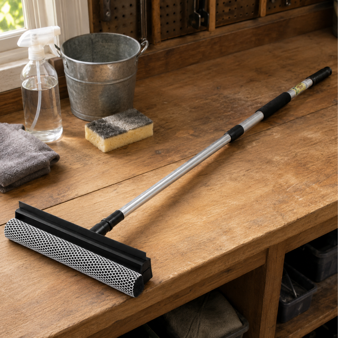 Long-Handled Window Squeegee, 20–35 Inch Telescoping Aluminum Pole, 8 Inch Dual-Sided Sponge Washer and Rubber Blade for Glass Doors, Windows, Vans and RVs