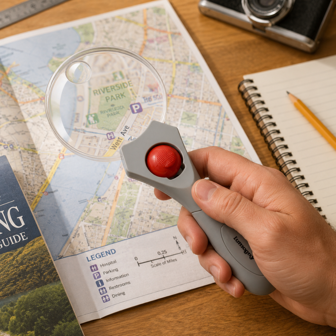 3X/5X 3.5 Inch Rimless LED Magnifier with Roller Ball Light Switch – Handheld Acrylic Magnifying Glass with Gray Handle, MP-13938