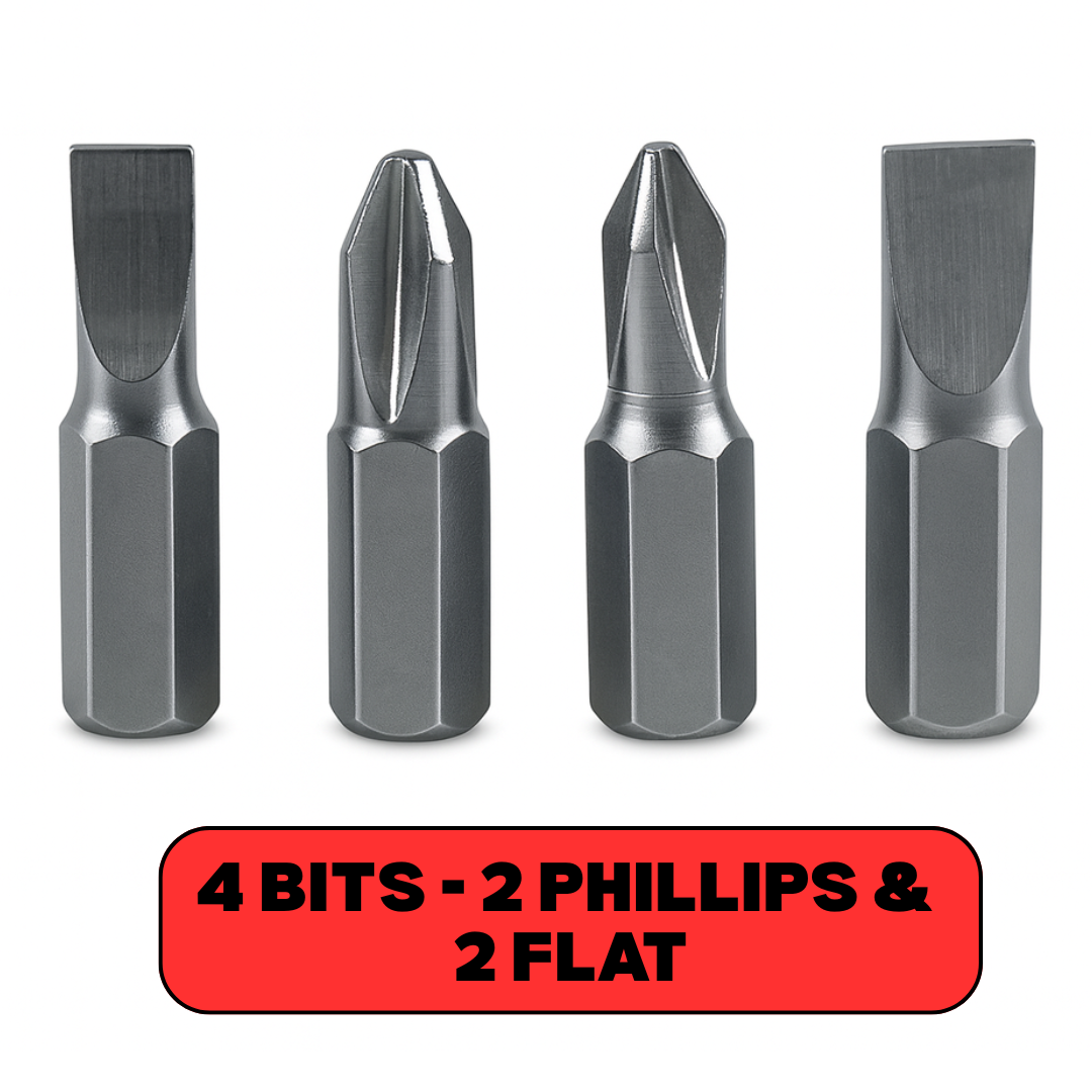 4-in-1 Multi-Bit Stubby Screwdriver with Built-In Handle Storage – Includes 2 Phillips & 2 Flat Head Bits – Compact, Handy, Assorted Colors (Display Jar of 36)