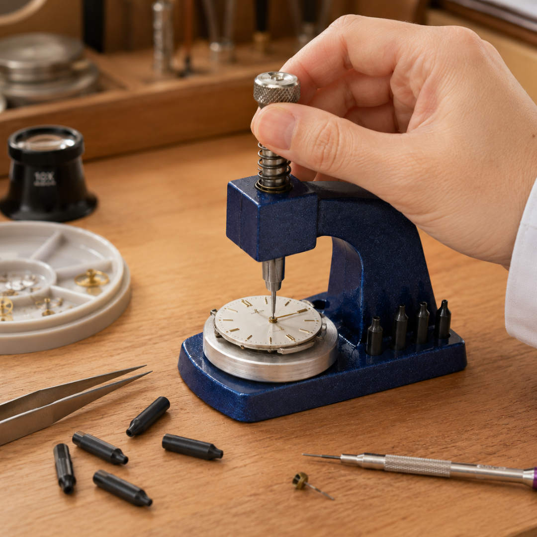 Watch Hand Setting Press Tool with 9 Interchangeable Tips – Self-Centering Spring-Loaded Watchmaker Hand Presser for Hour, Minute & Second Hands – Heavy-Duty Metal Repair Tool