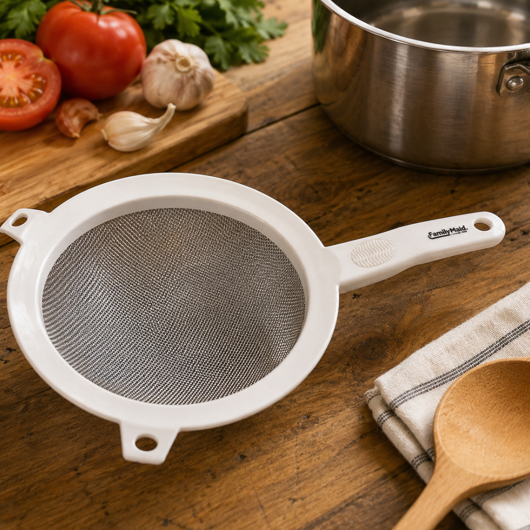 Heavy Duty Kitchen Strainer, Fine Stainless Steel Mesh Sieve with Comfort-Grip Handle and Pot Rest Tabs, Fits 6–8 Inch Pots, for Pasta, Fruits and Vegetables, White, 1 Pack