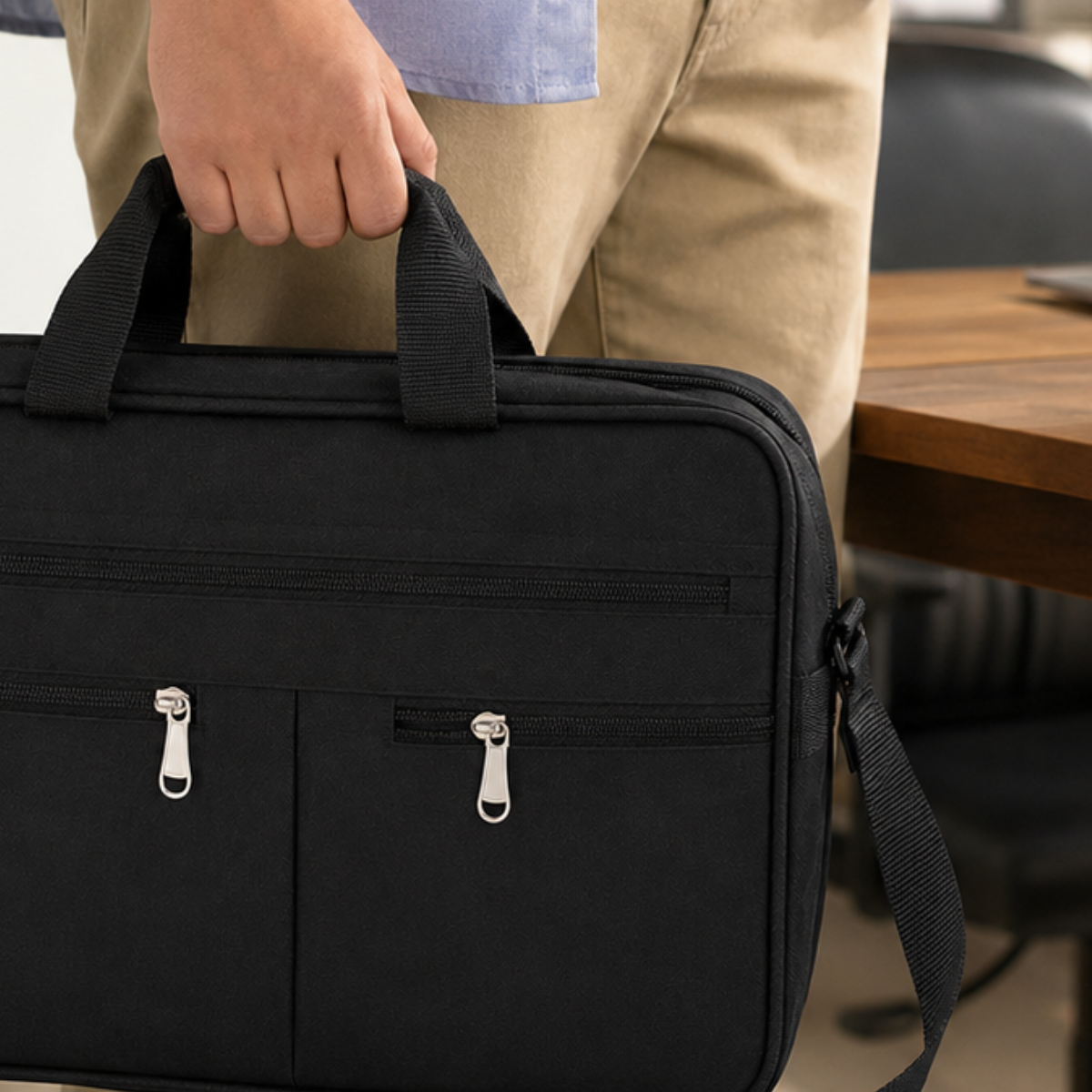 Multi-Purpose Heavy-Duty Black Canvas Tote Bag with 17 Pockets, 5 Zippers, Adjustable Shoulder Strap and Reinforced Bottom – Soft-Sided Tool, Work and Laptop Carrying Bag, 16.5 x 11 x 6 Inches