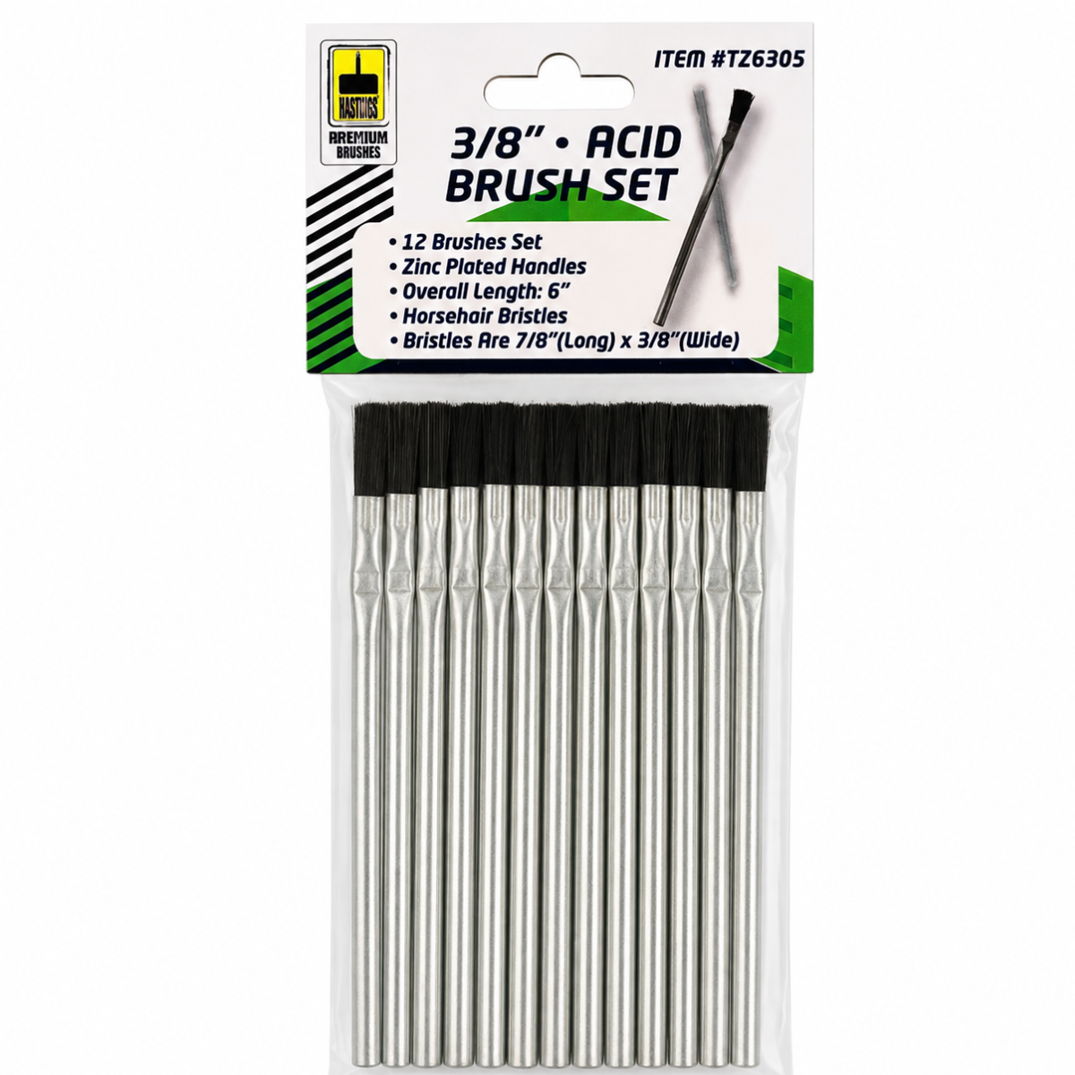 12-Piece 3/8-Inch Acid Brush Set with Horsehair Bristles and Zinc-Plated Metal Handles, 6-Inch Length — TZ63-06305