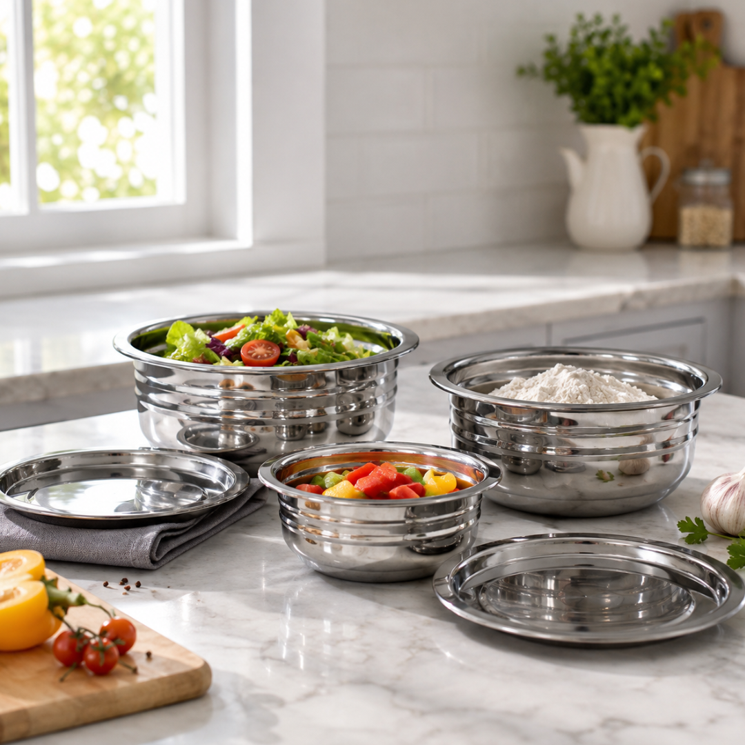 6 Piece Stainless Steel Bowl & Lid Set, 3 Graduated Food Prep & Serving Bowls with Flat Serving Lids, Stackable Kitchen Bowl Set, 8", 7.25" & 6.25" – UT91-3