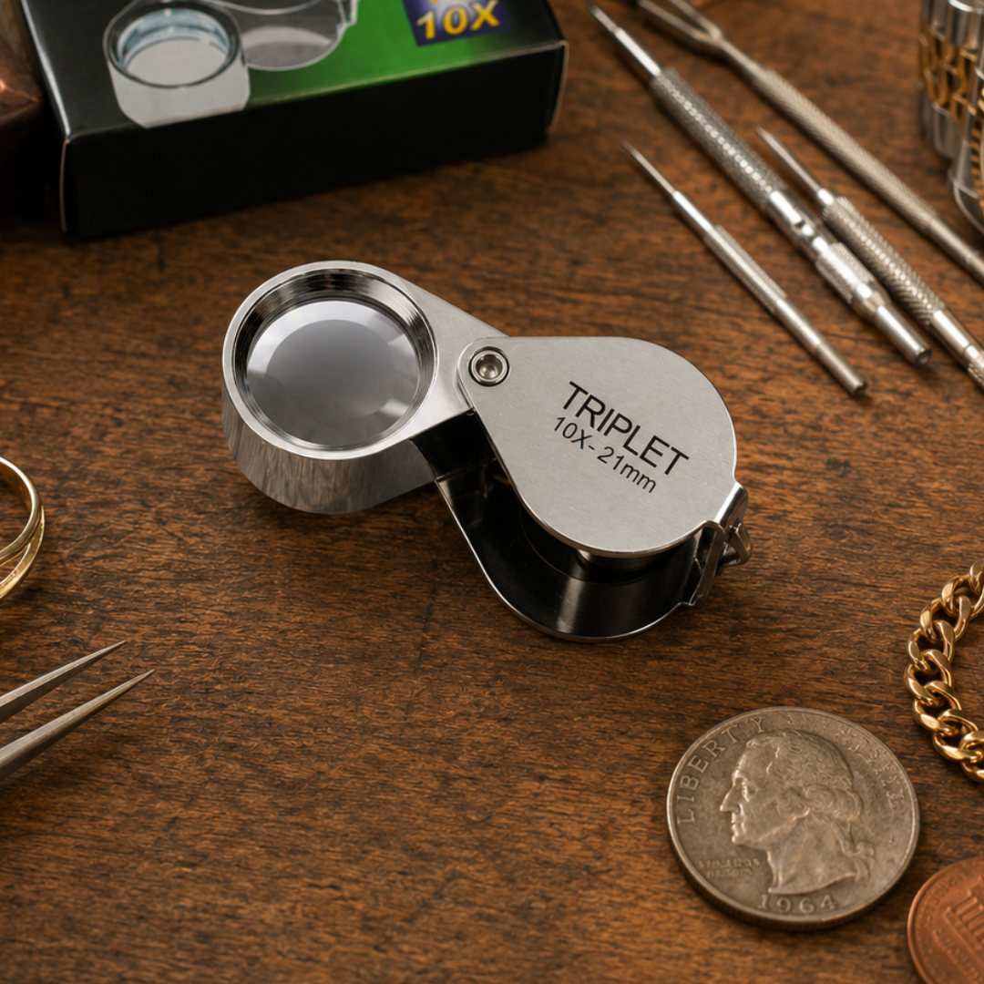 21mm Triplet Jeweler’s Loupe Magnifier – 10X Folding Pocket Magnifying Glass with Stainless Steel Body & Leather Storage Pouch for Jewelry, Coins, Stamps, Watches and Gem Inspection