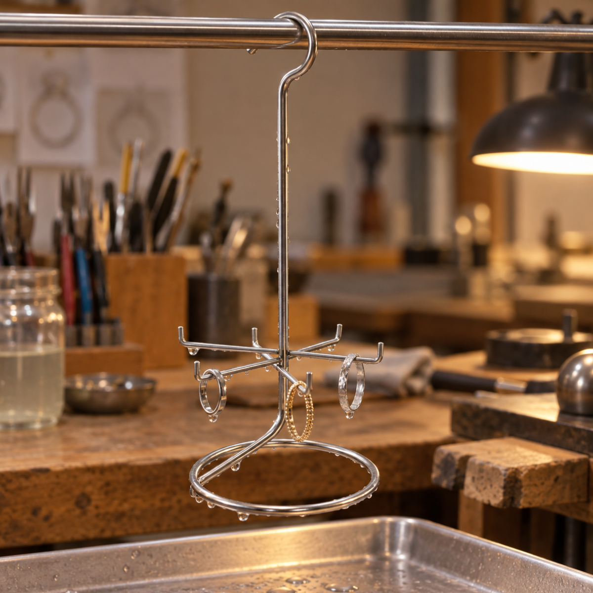 Steel Ring Cleaning Rack for Ultrasonic Cleaners, 6 Prongs, Hanging Hook, 6 Inches Tall, 3¾-Inch Base
