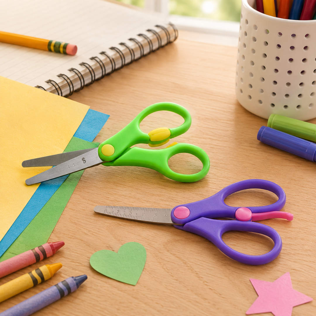 Semi-Automatic School Scissors 2-Piece Sets, Pack of 2 Sets, 4 Total Scissors, 5.5 Inch Spring Action Kids Scissors with Rounded Safety Tips, Bright Colors, Side Ruler, Classroom Desk Backpack Supplies