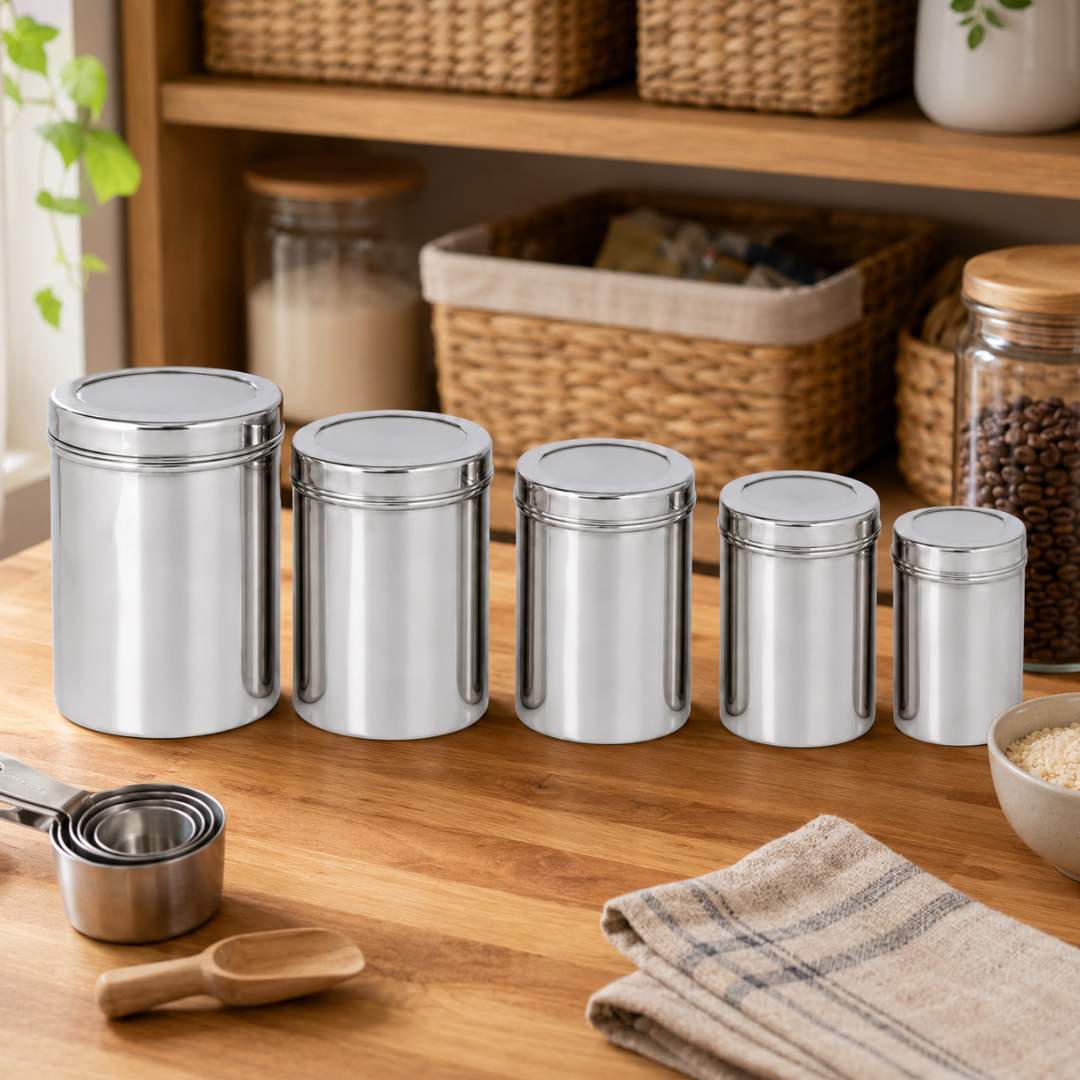 5-Piece Stainless Steel Kitchen Canister Set with Fitted Lids, Graduated Food Storage Containers for Coffee, Flour, Sugar, Rice, Pasta, Tea and Snacks