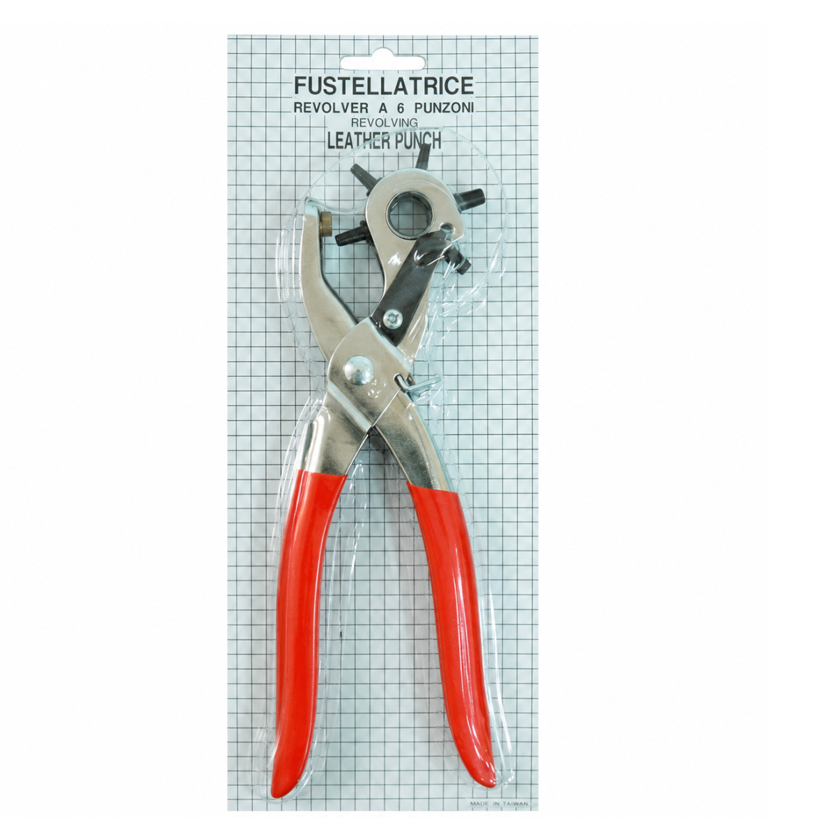 Revolving Leather Hole Punch Pliers with 6-Size Rotating Head, Heavy-Duty Metal Body and Comfort-Grip Handles for Belts, Purse Straps and Leather Crafts