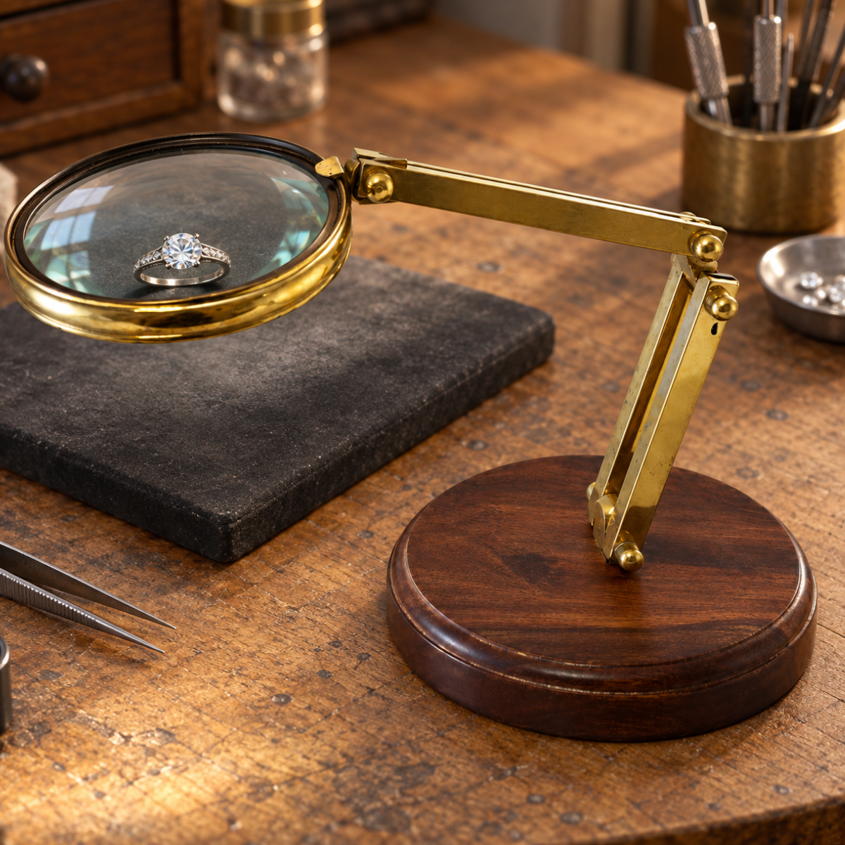 2X Adjustable Tabletop Magnifier with 3½-Inch Glass Lens, Brass Arm and 5½-Inch Solid Wood Base