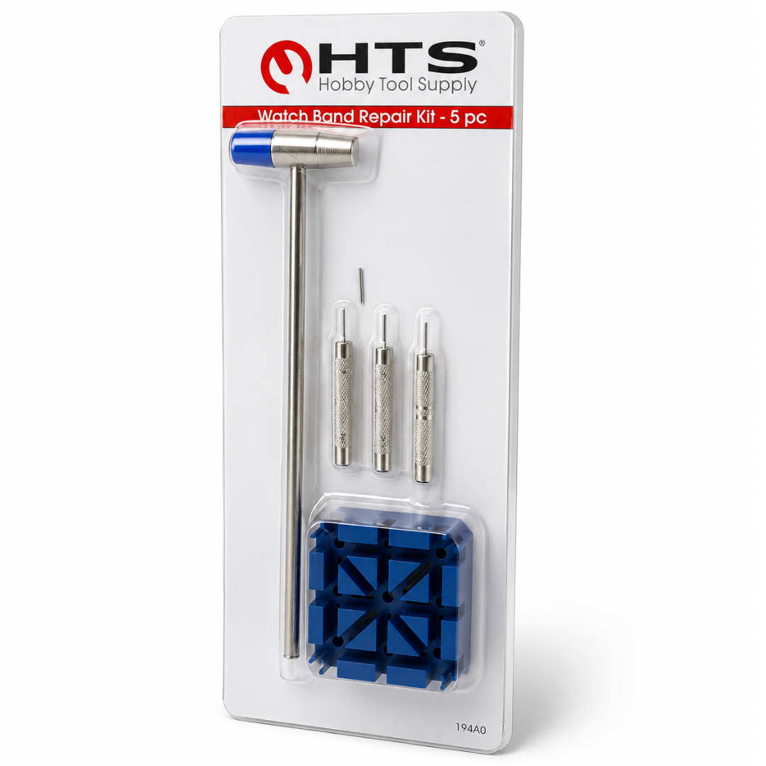 HTS Watch Band Repair Kit - 5 Piece Watch Link Removal Tool Set with Hammer, Pin Punches & Holder Block for Watch Band Adjustment and Bracelet Repair