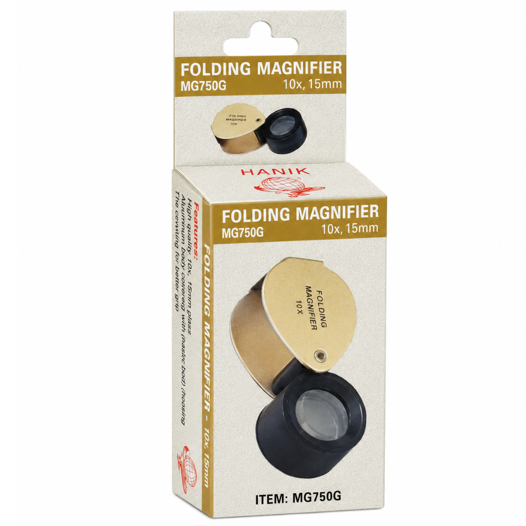 Gold Jeweler’s Loupe Magnifier 10X, Pocket Folding Magnifying Glass with 15mm Lens, Brass-Color Housing, Black Framed Lens for Jewelry, Coins, Stamps, Gems, Hobby Inspection, Pack of 2