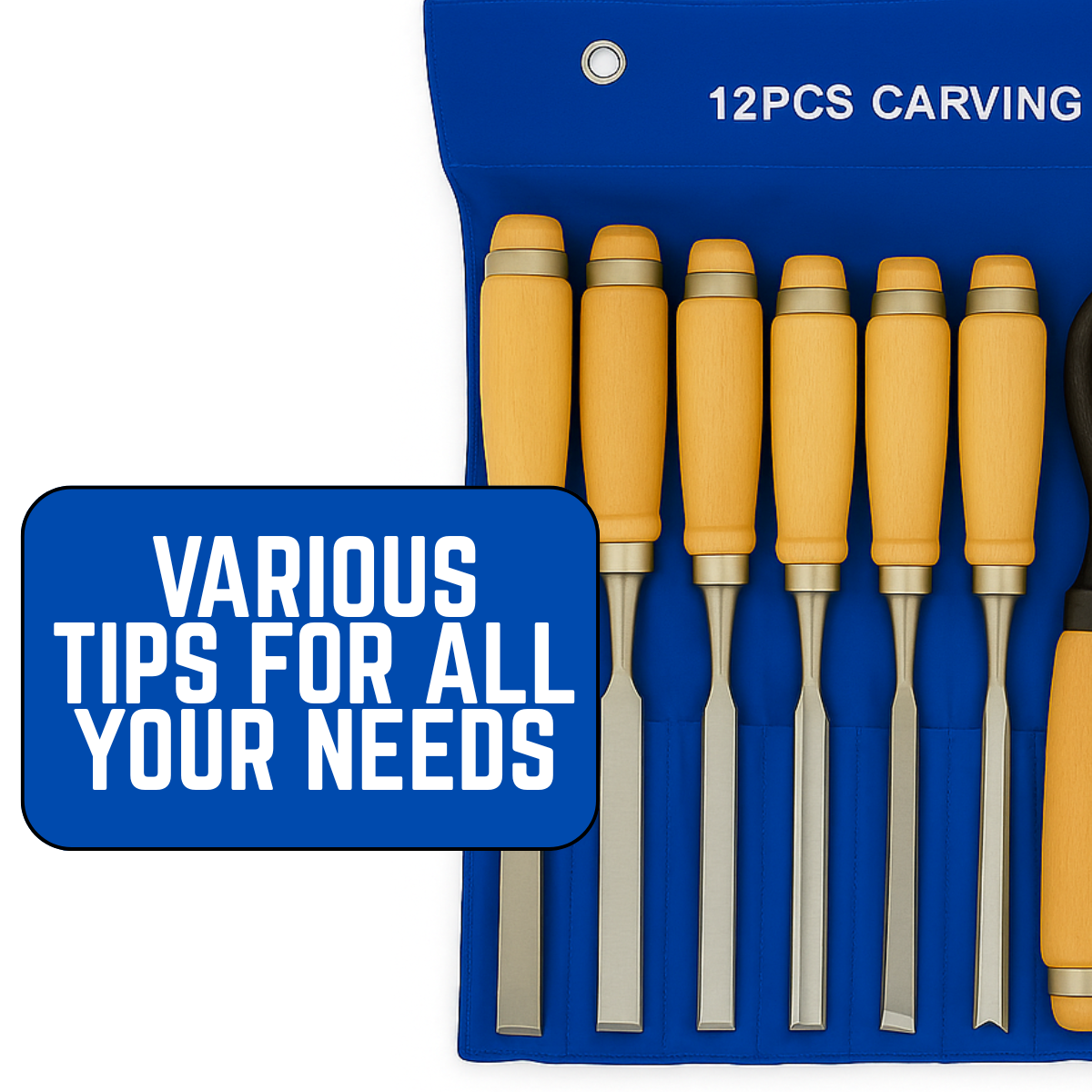 12-Piece Wood Carving Chisel Set with Wooden Handles and Steel Blades – 7.5” Professional Hand Tool Kit with Blue Vinyl Pouch for Crafting, Whittling, and Sculpture