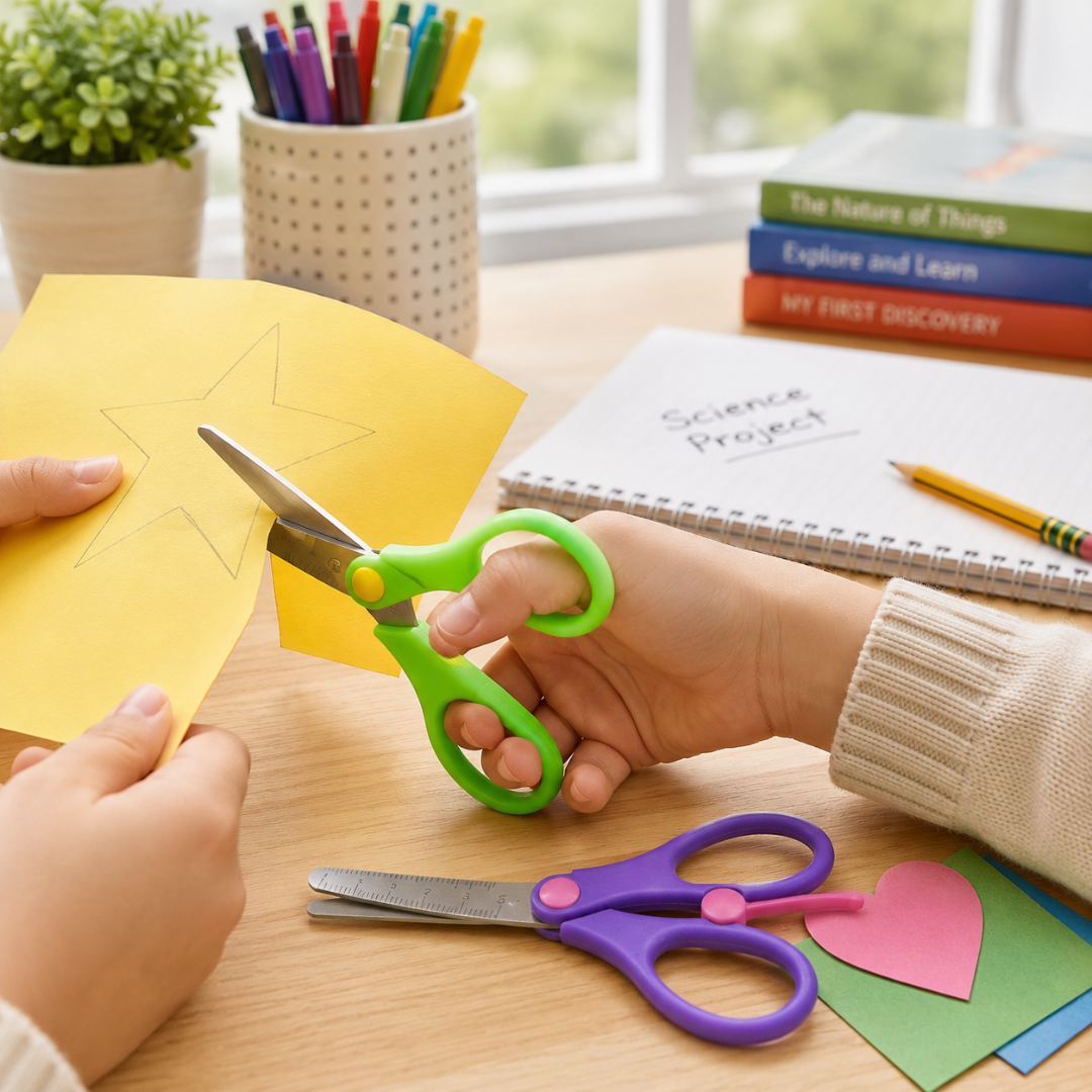 Semi-Automatic School Scissors 2-Piece Sets, Pack of 2 Sets, 4 Total Scissors, 5.5 Inch Spring Action Kids Scissors with Rounded Safety Tips, Bright Colors, Side Ruler, Classroom Desk Backpack Supplies