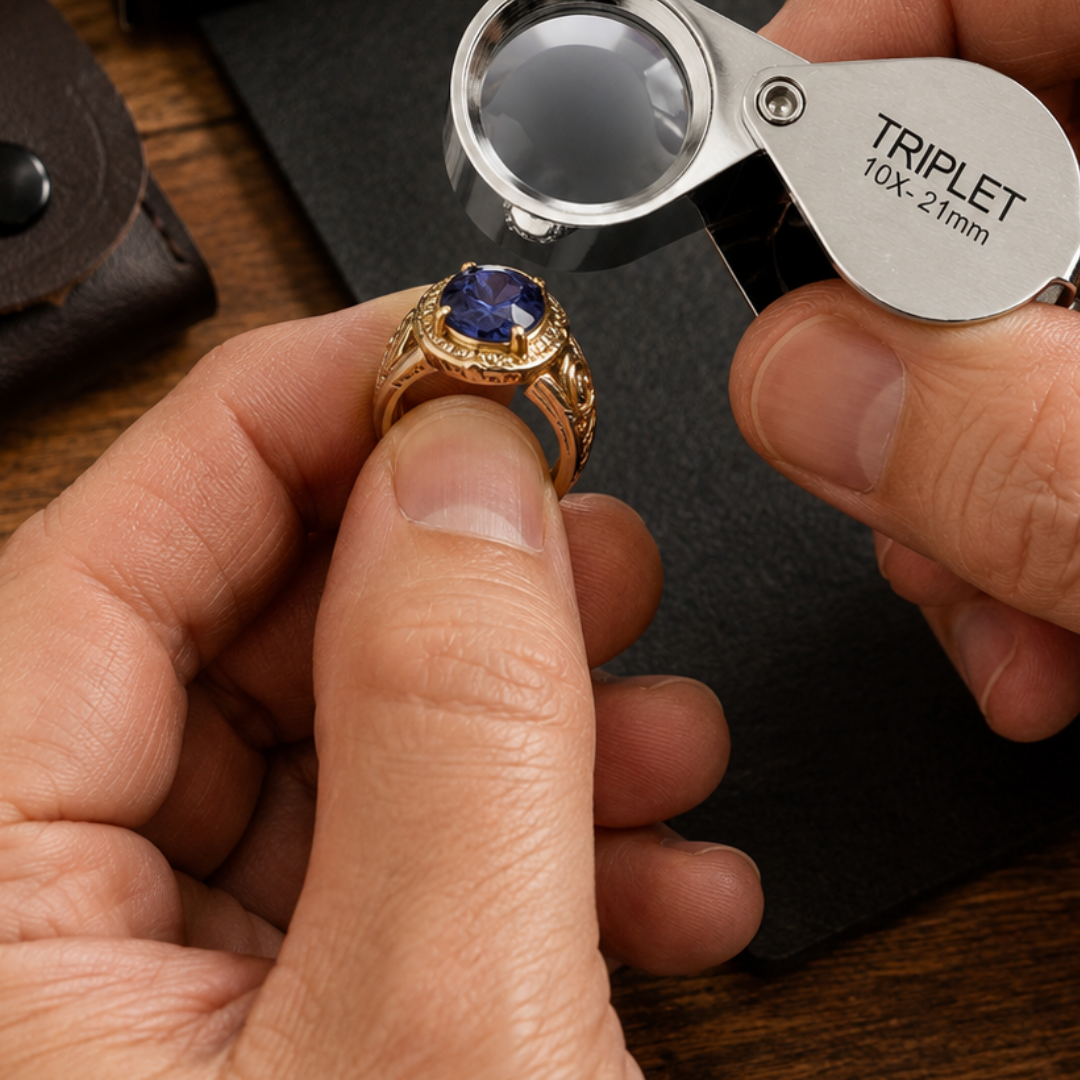 21mm Triplet Jeweler’s Loupe Magnifier – 10X Folding Pocket Magnifying Glass with Stainless Steel Body & Leather Storage Pouch for Jewelry, Coins, Stamps, Watches and Gem Inspection