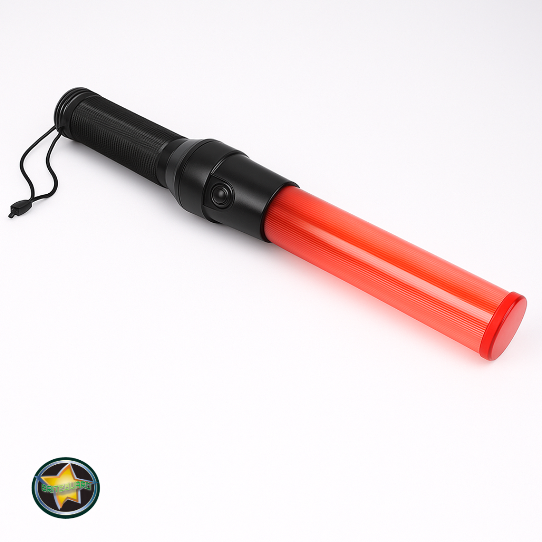 High Visibility Safety Traffic Baton – 14" Orange LED Wand with Flashing & Steady Modes, Black Handle, Carry Strap – For Road Work, Parking Lots & Traffic Contro