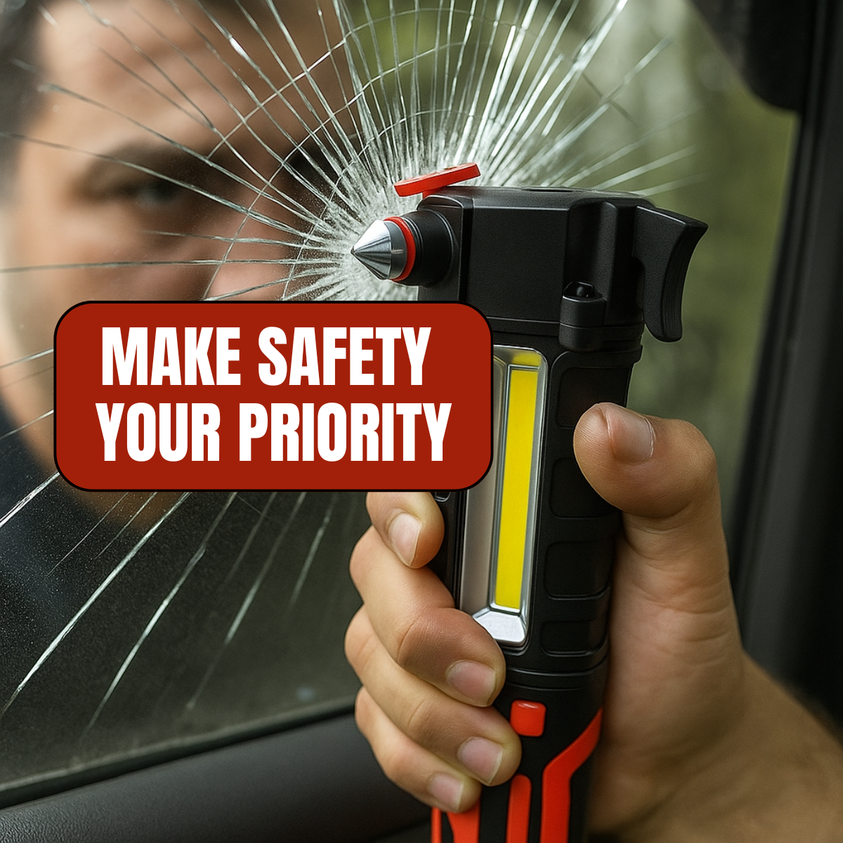 Auto Emergency Work Light with Magnetic Base, Hammer & Seat Belt Cutter – 1W Torch, 3W COB Spotlight & Flashing Red Warning Light – PH580-FL