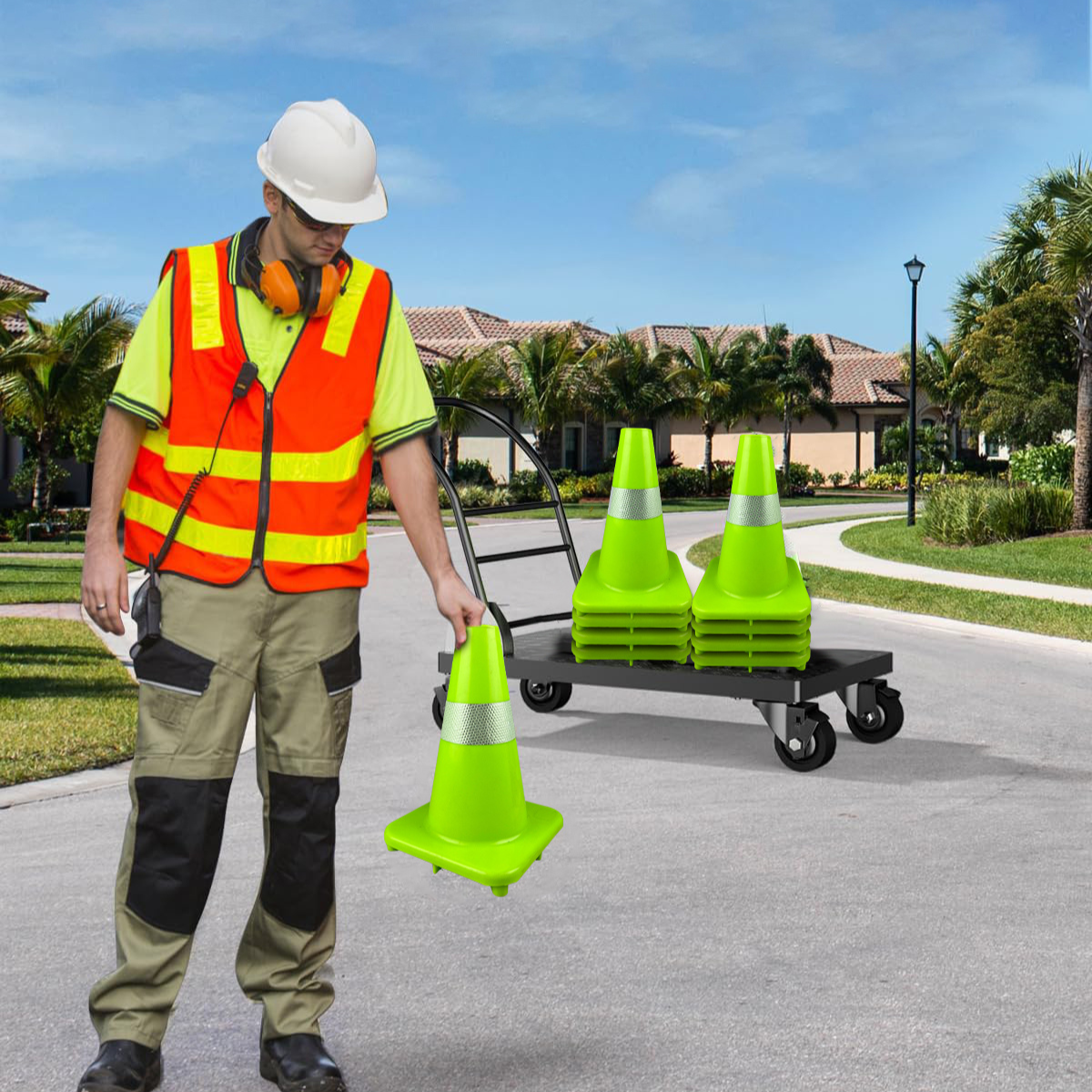 12 Inch Neon Green Safety Cone With  2 Inch White Fluorescent Strip  - ST12-G